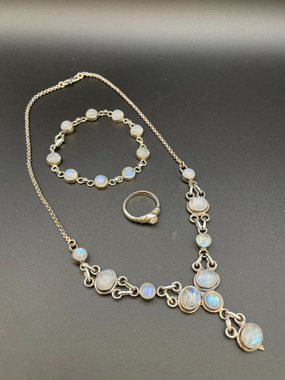 Sterling Silver Moonstone Necklace, Ring, and Bracelet Set.